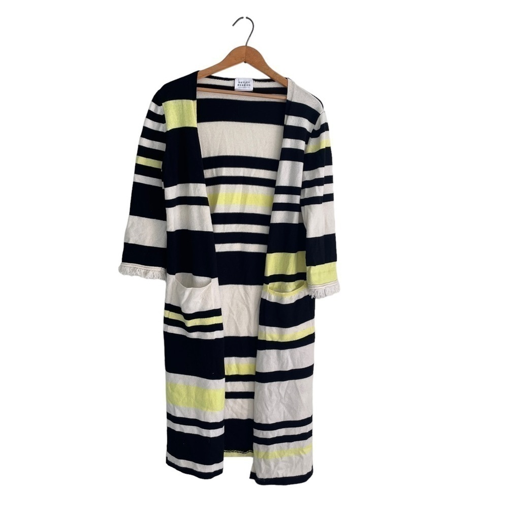 Hayley Menzies Cardigan Striped Fringe Open Front 100% Cashmere Striped Sz S